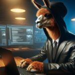 AI Generated: A professional real llama looking like a hacker in a dark lab with light yellow lights