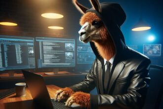 AI Generated: A professional real llama looking like a hacker in a dark lab with light yellow lights
