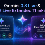 Gemini 3.8 Live and Gemini 3.8 Live Extended Thinking comparison banner showing real-time multimodal AI and deeper reasoning capabilities.