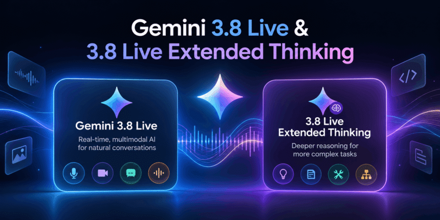 Gemini 3.8 Live and Gemini 3.8 Live Extended Thinking comparison banner showing real-time multimodal AI and deeper reasoning capabilities.