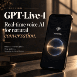 GPT-Live-1 real-time voice AI interface displayed on a smartphone with a glowing audio visualization in a warm, cinematic setting.