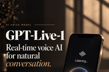 GPT-Live-1 real-time voice AI interface displayed on a smartphone with a glowing audio visualization in a warm, cinematic setting.