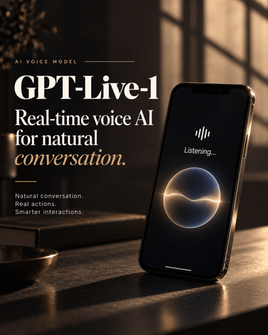 GPT-Live-1 real-time voice AI interface displayed on a smartphone with a glowing audio visualization in a warm, cinematic setting.